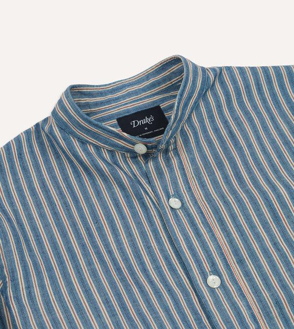 Drake's Indigo Stripe Cotton Mandarin Collar Popover Shirt