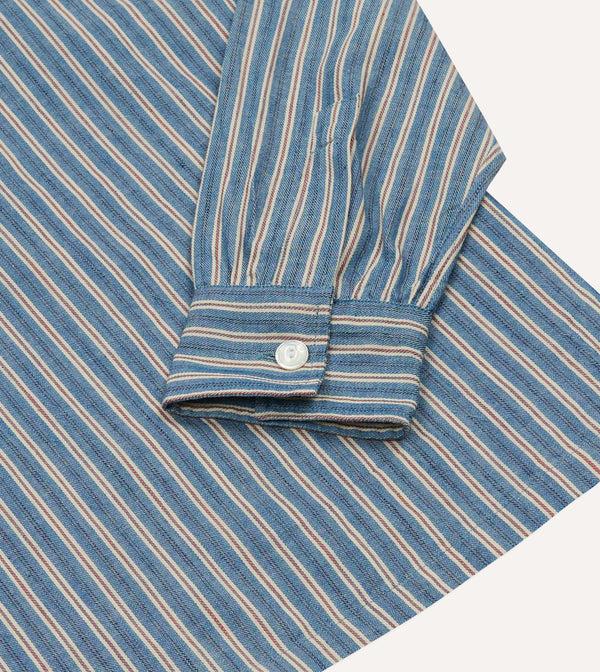 Drake's Indigo Stripe Cotton Mandarin Collar Popover Shirt
