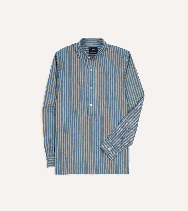 drake's Indigo Stripe Cotton Mandarin Collar Popover Shirt