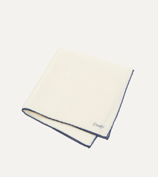 Drake's Ivory And Blue Shoestring Border Silk Pocket Square