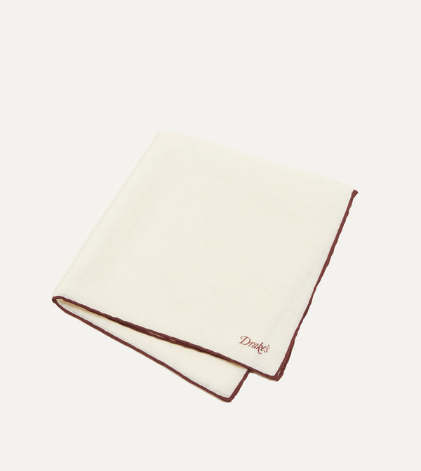 Drake's Ivory And Burgundy Shoestring Border Silk Pocket Square