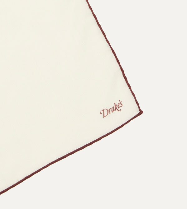 Drake's Ivory And Burgundy Shoestring Border Silk Pocket Square