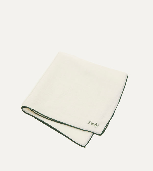 Drake's Ivory And Green Shoestring Border Silk Pocket Square