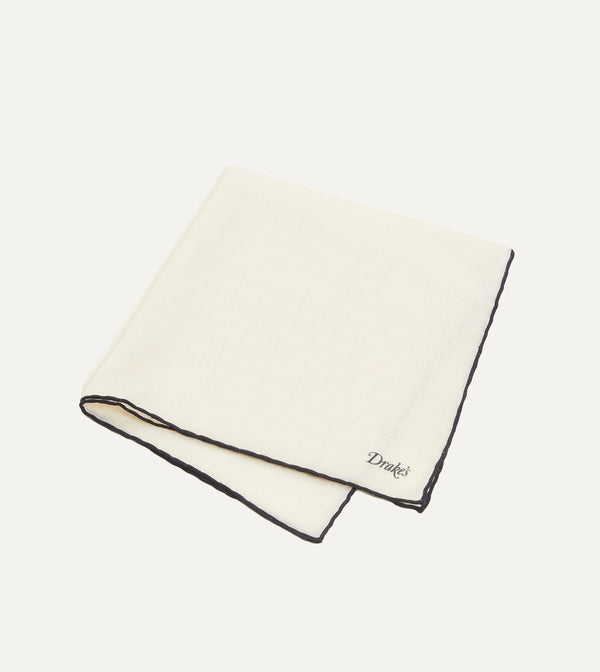 Drake's Ivory And Navy Shoestring Border Silk Pocket Square