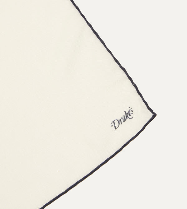Drake's Ivory And Navy Shoestring Border Silk Pocket Square