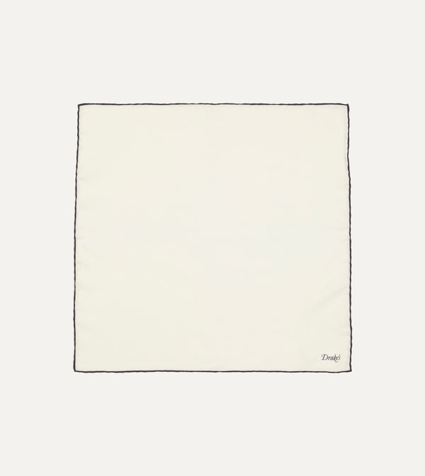 drake's Ivory and Navy Shoestring Border Silk Pocket Square