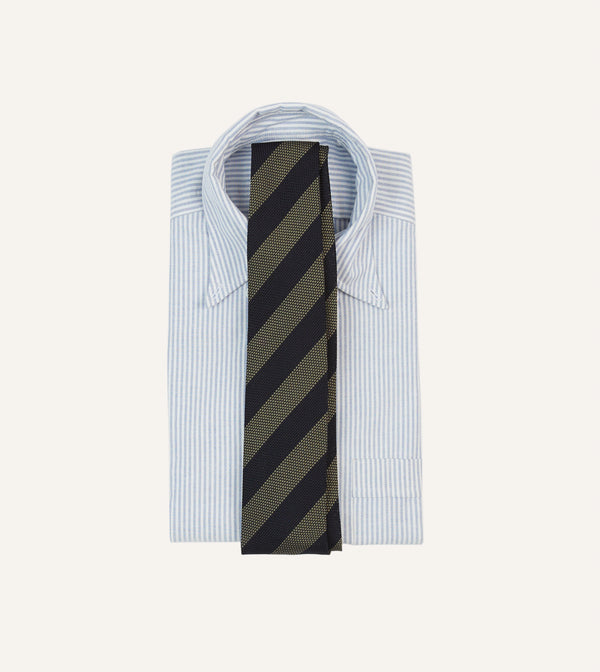 Drake's Khaki And Navy Block Stripe Hand Rolled Silk Grenadine Tie
