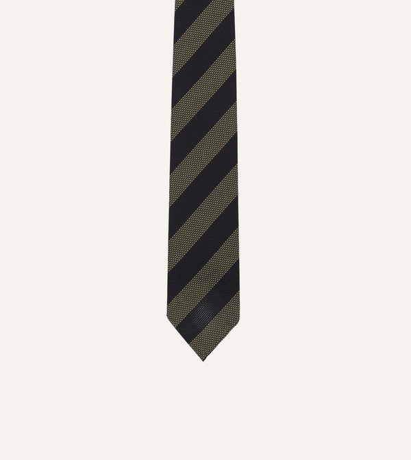Drake's Khaki And Navy Block Stripe Hand Rolled Silk Grenadine Tie