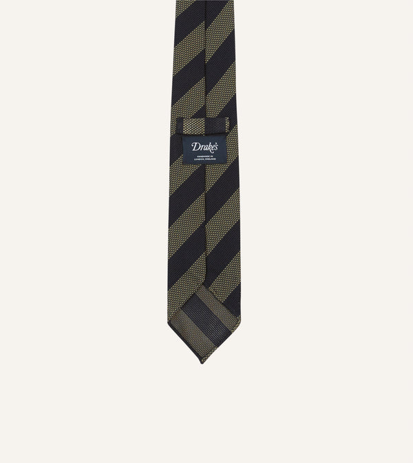 Drake's Khaki And Navy Block Stripe Hand Rolled Silk Grenadine Tie