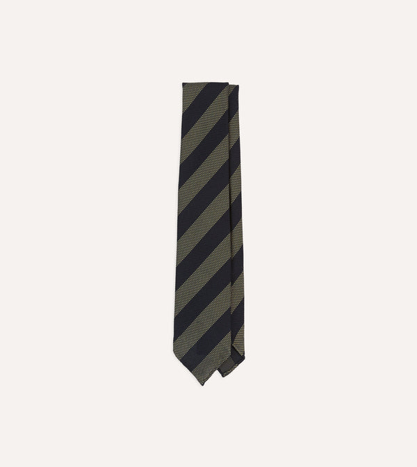 drake's Khaki and Navy Block Stripe Hand Rolled Silk Grenadine Tie