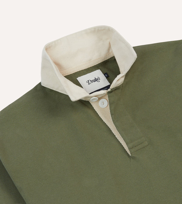 Drake's Khaki Burgundy And Ecru Half Striped Cotton Rugby Shirt