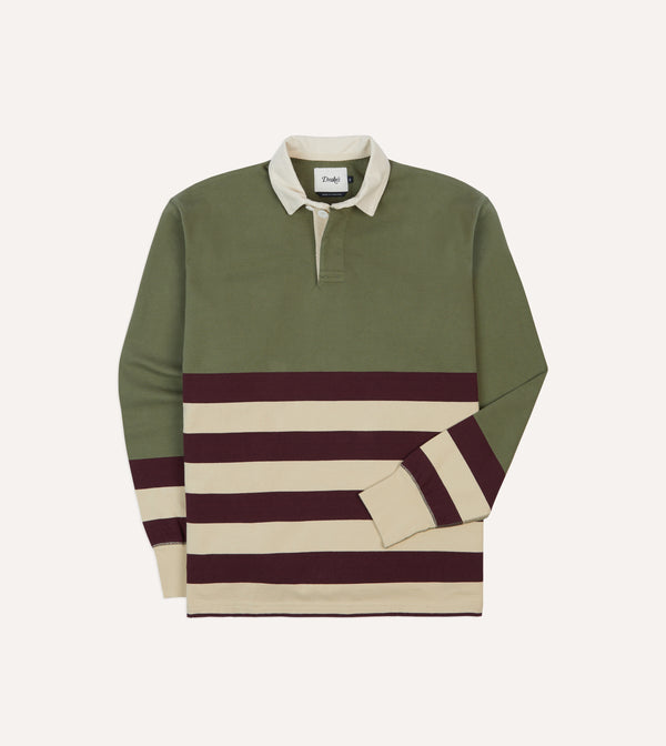 drake's Khaki Burgundy and Ecru Half Striped Cotton Rugby Shirt