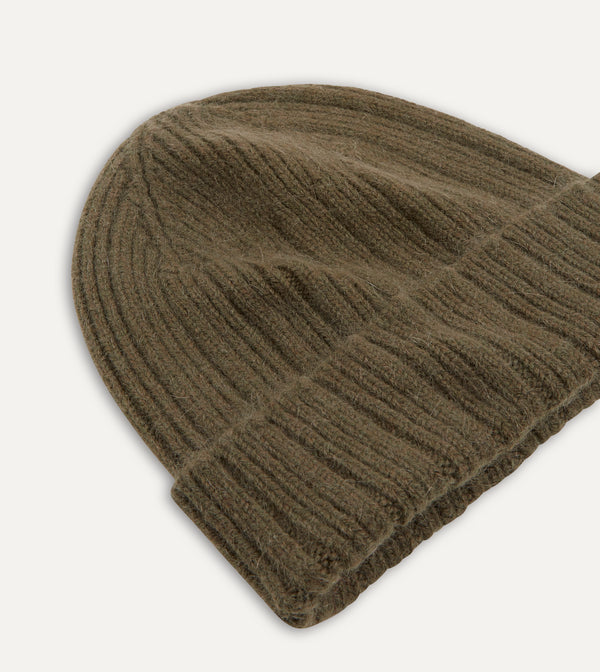 Drake's Khaki Green Angora Lambswool Ribbed Knit Cap