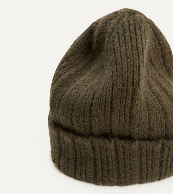 Drake's Khaki Green Angora Lambswool Ribbed Knit Cap