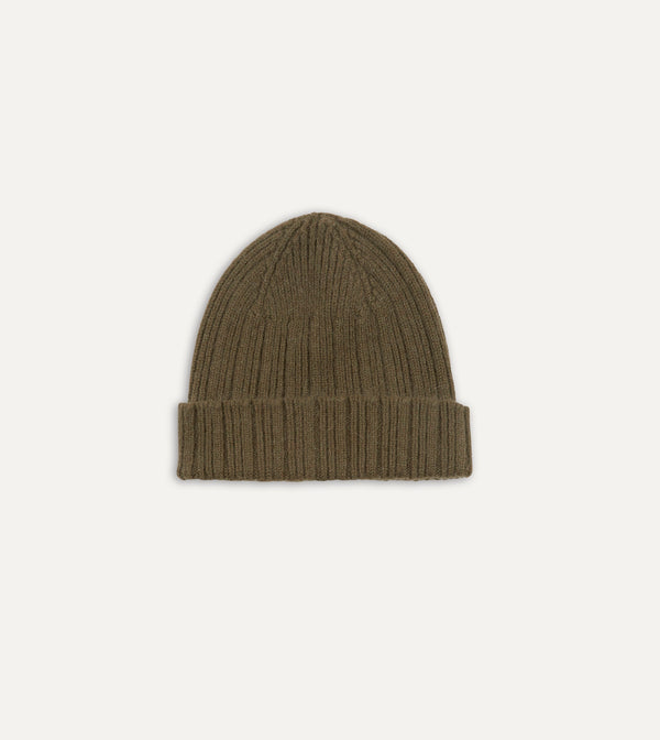 drake's Khaki Green Angora Lambswool Ribbed Knit Cap