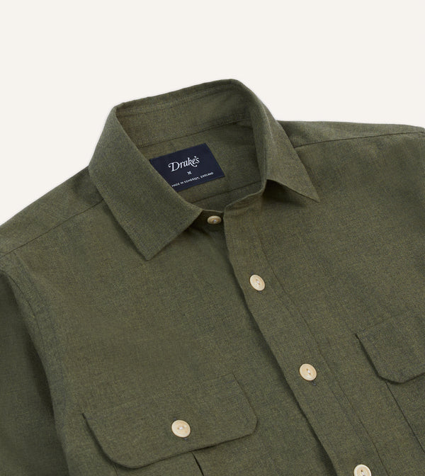 Drake's Khaki Green Cotton Flannel Two-Pocket Work Shirt
