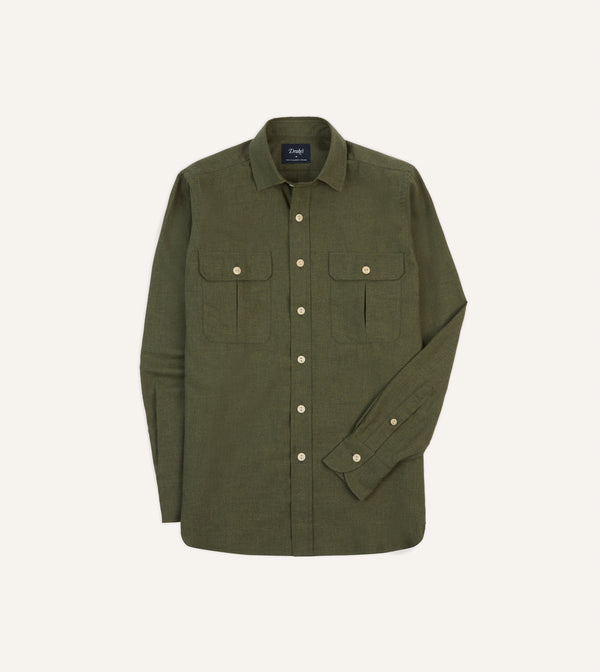 drake's Khaki Green Cotton Flannel Two-Pocket Work Shirt