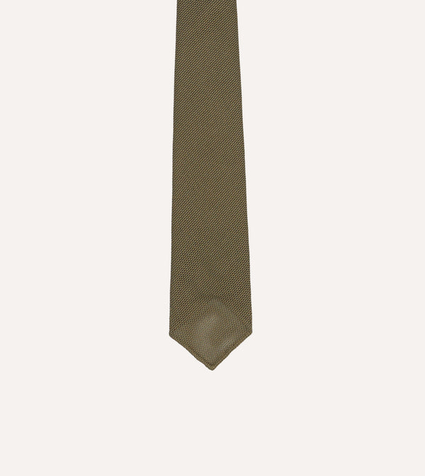 Drake's Khaki Green Fine Woven Grenadine Silk Hand Rolled Tie