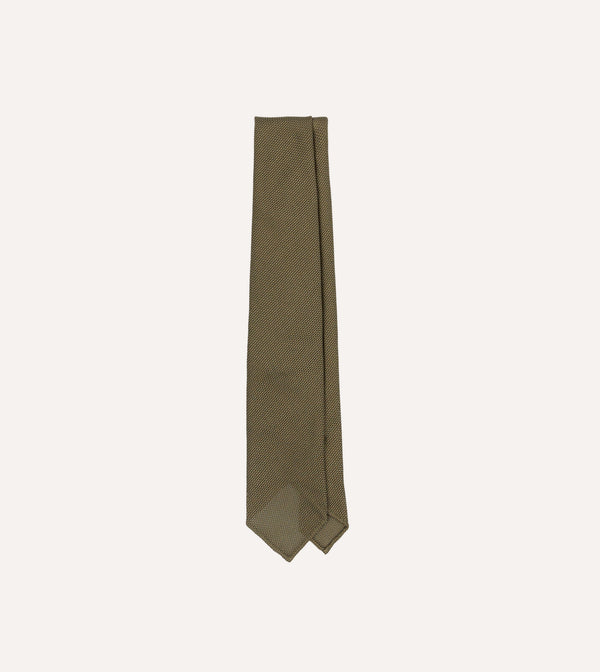 drake's Khaki Green Fine Woven Grenadine Silk Hand Rolled Tie