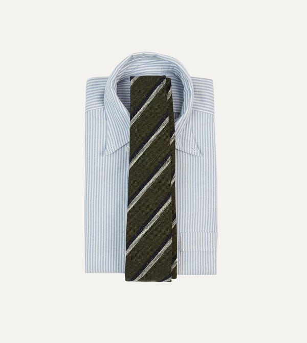 Drake's Khaki White And Navy Double Stripe Tipped Wool Tie