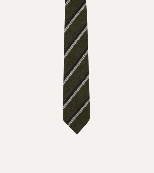 Drake's Khaki White And Navy Double Stripe Tipped Wool Tie