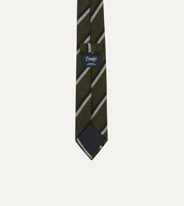 Drake's Khaki White And Navy Double Stripe Tipped Wool Tie