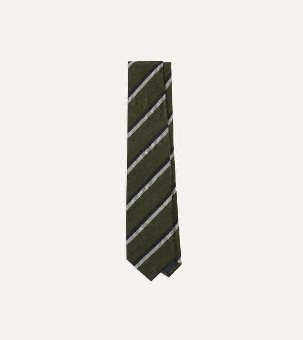 drake's Khaki White and Navy Double Stripe Tipped Wool Tie