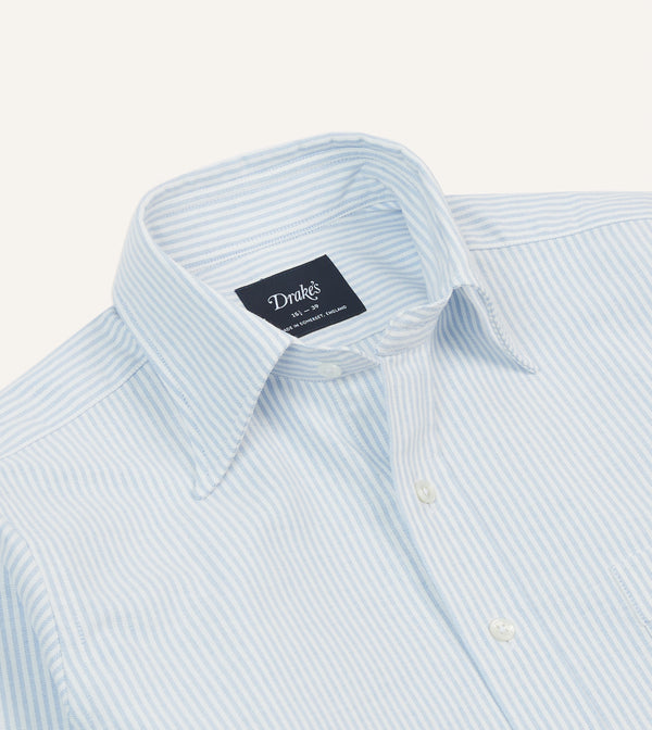 Drake's Light Blue And White Ticking Stripe Cotton Oxford Cloth Long Point Collar Shirt