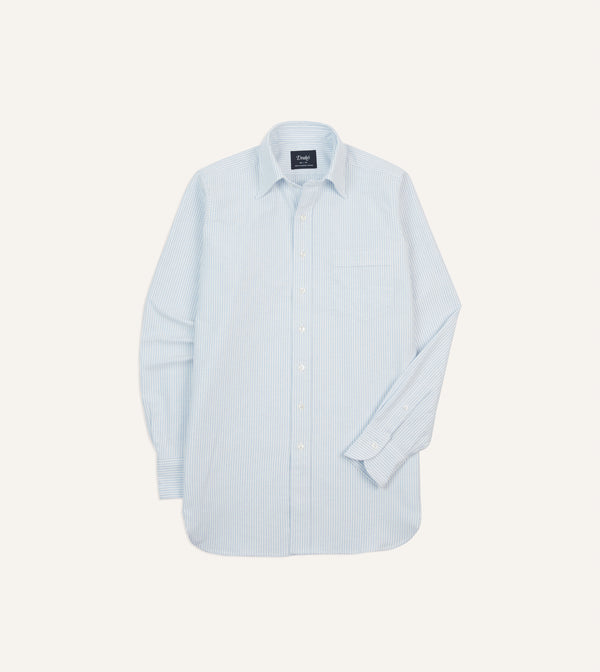 drake's Light Blue and White Ticking Stripe Cotton Oxford Cloth Long Point Collar Shirt