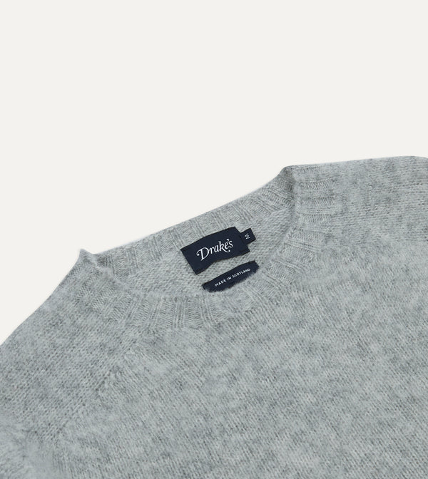 Drake's Light Grey Brushed Shetland Crew Neck Jumper
