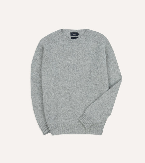 drake's Light Grey Brushed Shetland Crew Neck Jumper