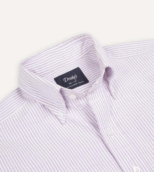 Drake's Lilac Ticking Stripe Cotton Oxford Cloth Button-Down Shirt
