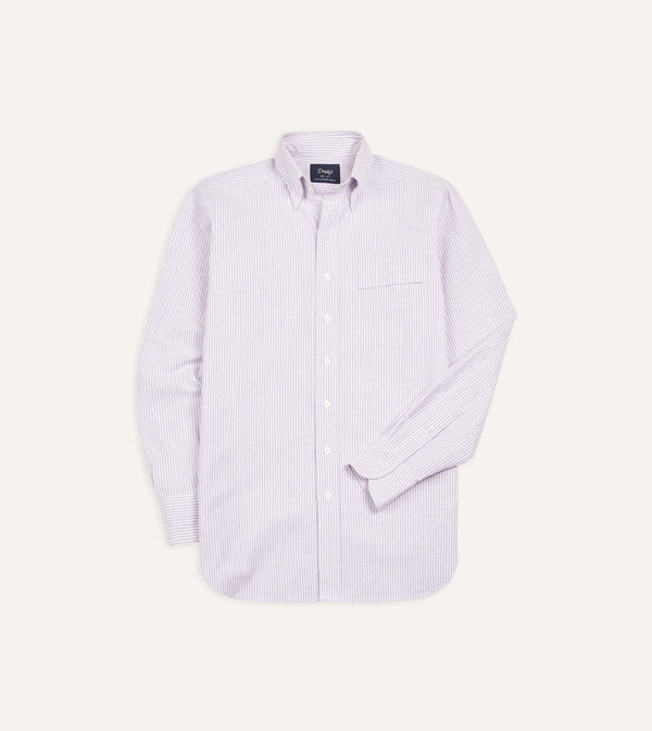drake's Lilac Ticking Stripe Cotton Oxford Cloth Button-Down Shirt