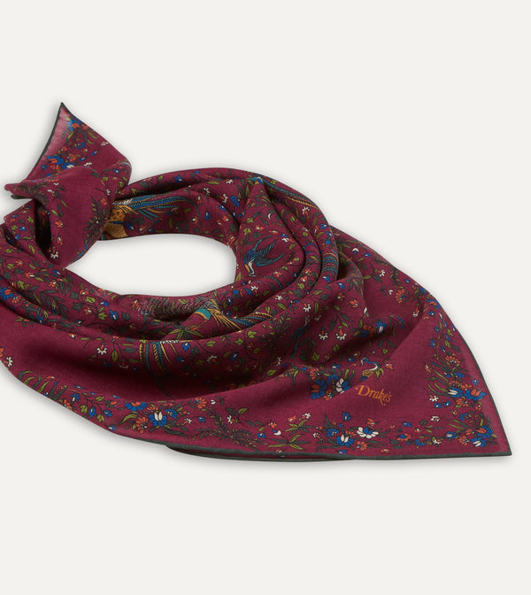 Drake's Magenta Birds Of Paradise Print Wool-Silk Square Scarf