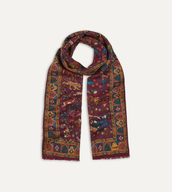 Drake's Magenta Mughal Hunter Print Wool-Silk Scarf