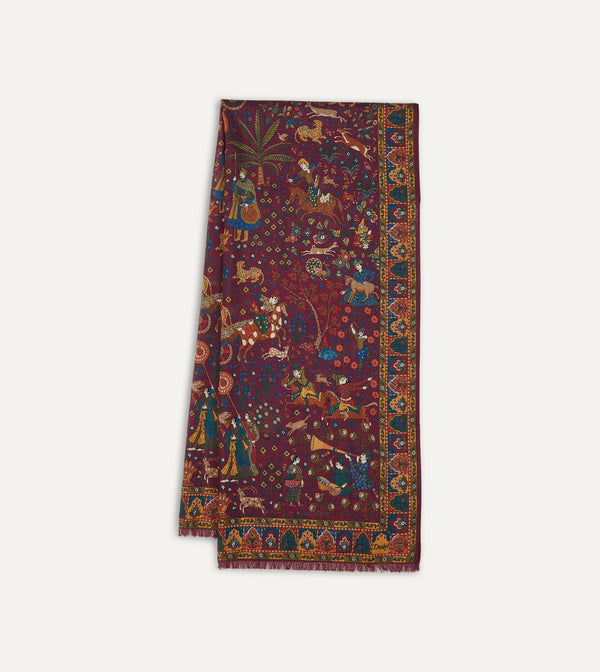 drake's Magenta Mughal Hunter Print Wool-Silk Scarf