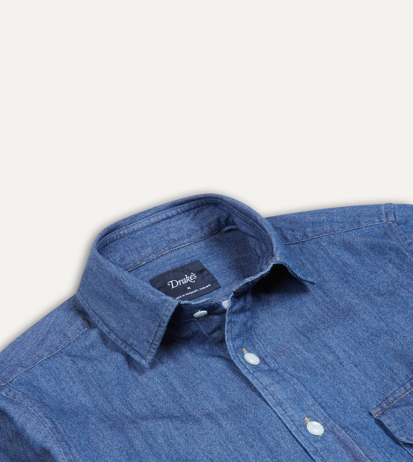 Drake's Mid-Blue Washed Denim Cotton Two-Pocket Work Shirt