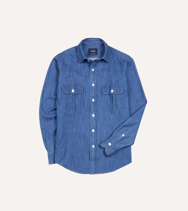 drake's Mid-Blue Washed Denim Cotton Two-Pocket Work Shirt