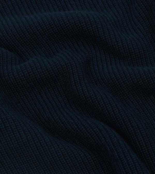 Drake's Navy Alpaca Lambswool Ribbed Integral Collar Jumper