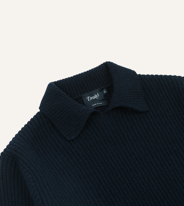 Drake's Navy Alpaca Lambswool Ribbed Integral Collar Jumper
