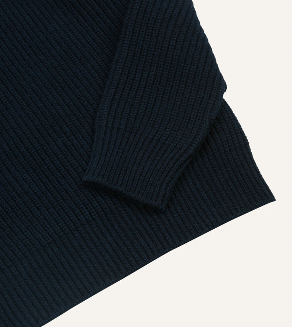 Drake's Navy Alpaca Lambswool Ribbed Integral Collar Jumper