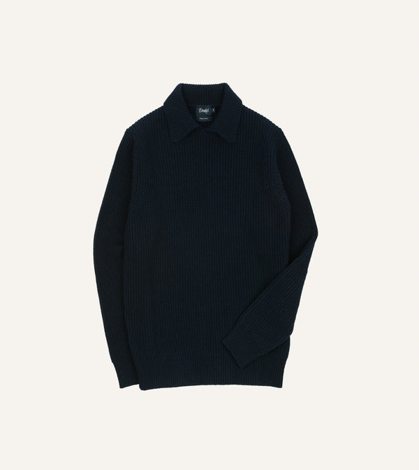 drake's Navy Alpaca Lambswool Ribbed Integral Collar Jumper