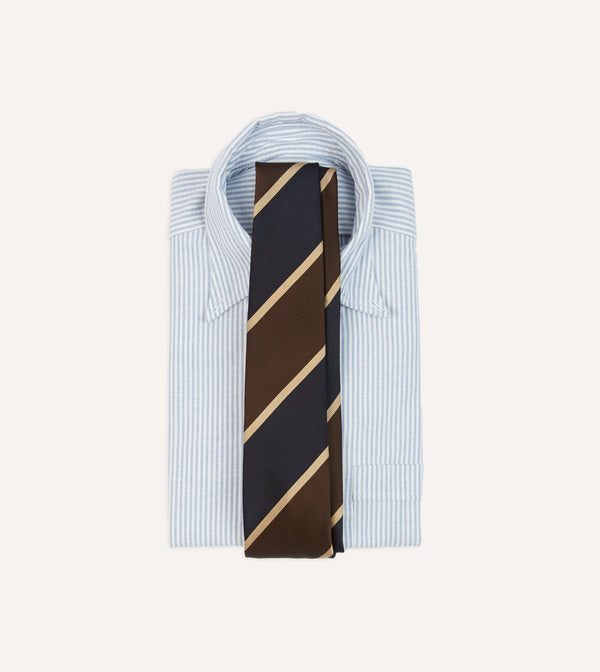 Drake's Navy And Brown Broad Stripe Mogador Silk Tipped Tie