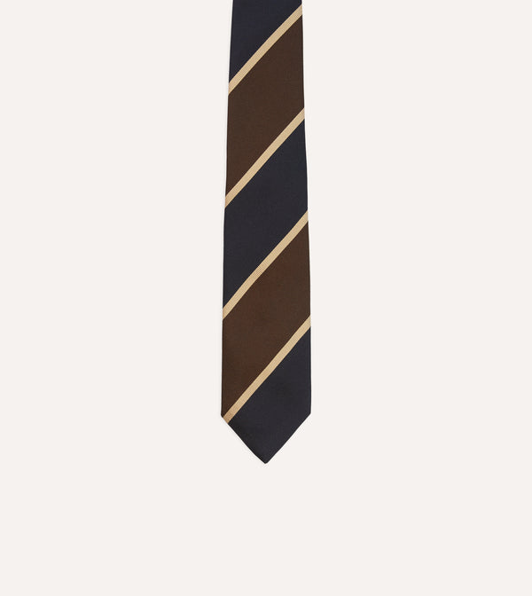 Drake's Navy And Brown Broad Stripe Mogador Silk Tipped Tie