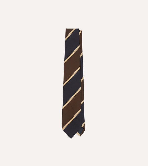 drake's Navy and Brown Broad Stripe Mogador Silk Tipped Tie
