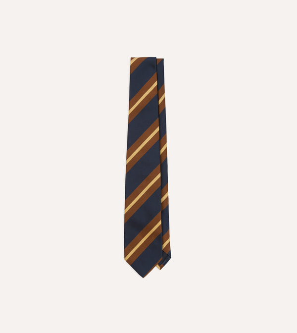 drake's Navy and Brown Stripe Mogador Silk Tipped Tie