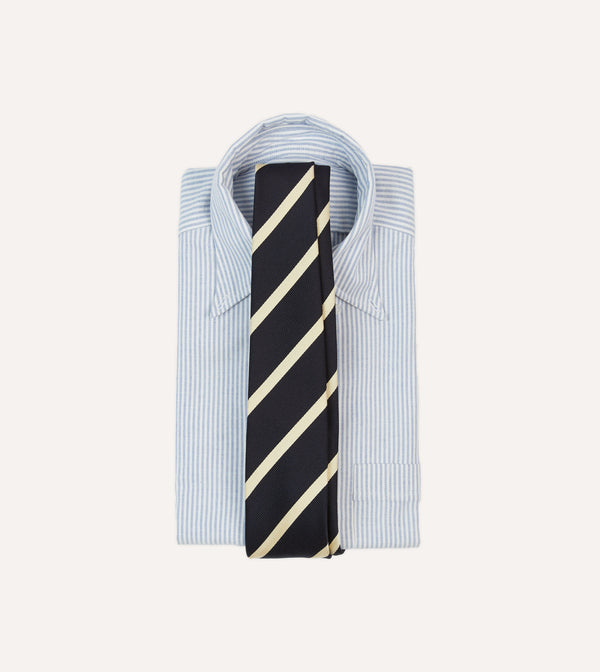 Drake's Navy And Ecru Herringbone Bar Stripe Mogador Silk Tipped Tie