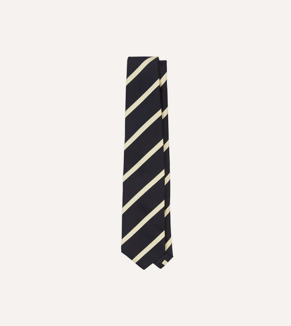 drake's Navy and Ecru Herringbone Bar Stripe Mogador Silk Tipped Tie