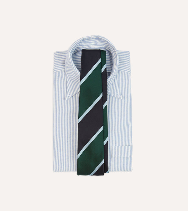 Drake's Navy And Green Broad Stripe Mogador Silk Tipped Tie