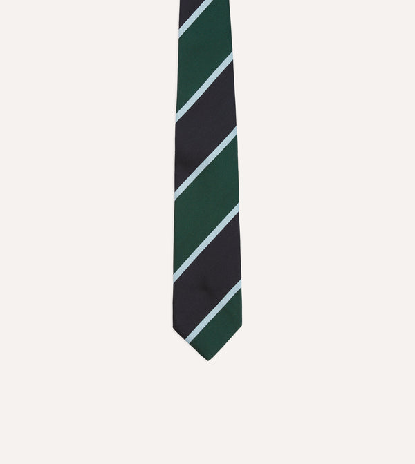 Drake's Navy And Green Broad Stripe Mogador Silk Tipped Tie